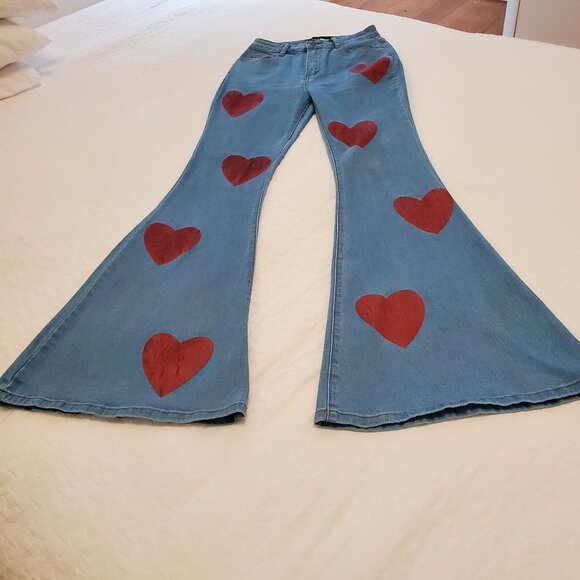 FASHIONNOVA Denim - BELL BOTTOM JEANS FEATURING BIG RED HEARTS
